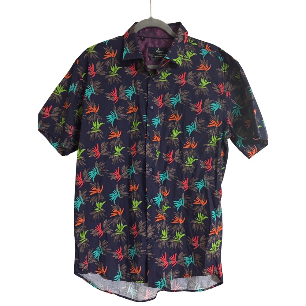 Mizumi Couture Mens XL Modern Fit Tropical Leaf Print Cotton Button Down Shirt - Picture 1 of 6